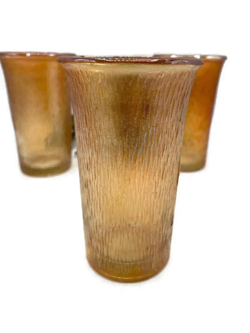 Vintage Jeannette Glass Tumblers: Carnival Marigold Iridescent Tree Bark Pattern